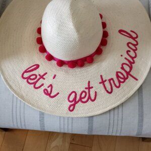'Mudpie' Large brim Paper straw sun hat with hot pink phrase & trim Size S
